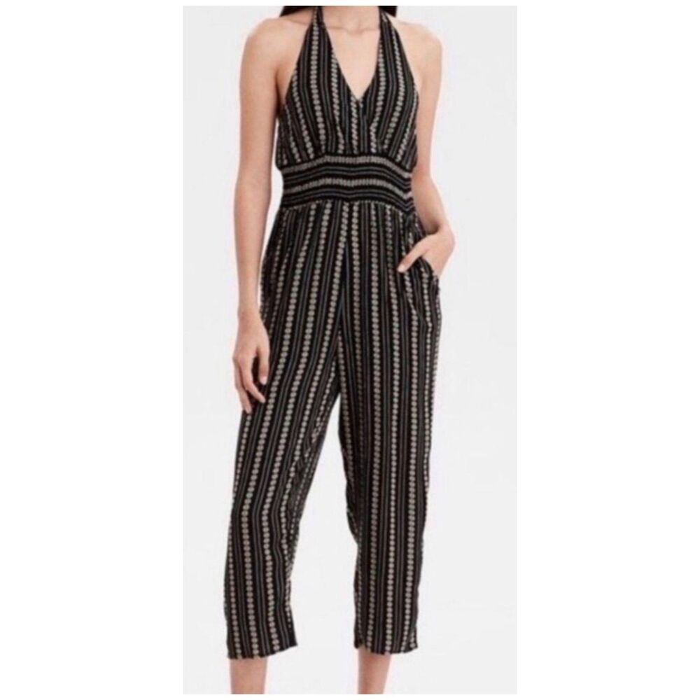 AMERICAN EAGLE Smocked Halter Black Bohemian Jumpsuit